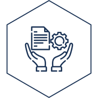 Hands holding document and gear icon.